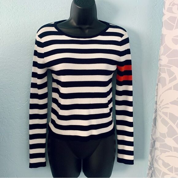 Forever 21 Navy Blue & White Striped Knit Varsity Sweater Size Large - Picture 1 of 7